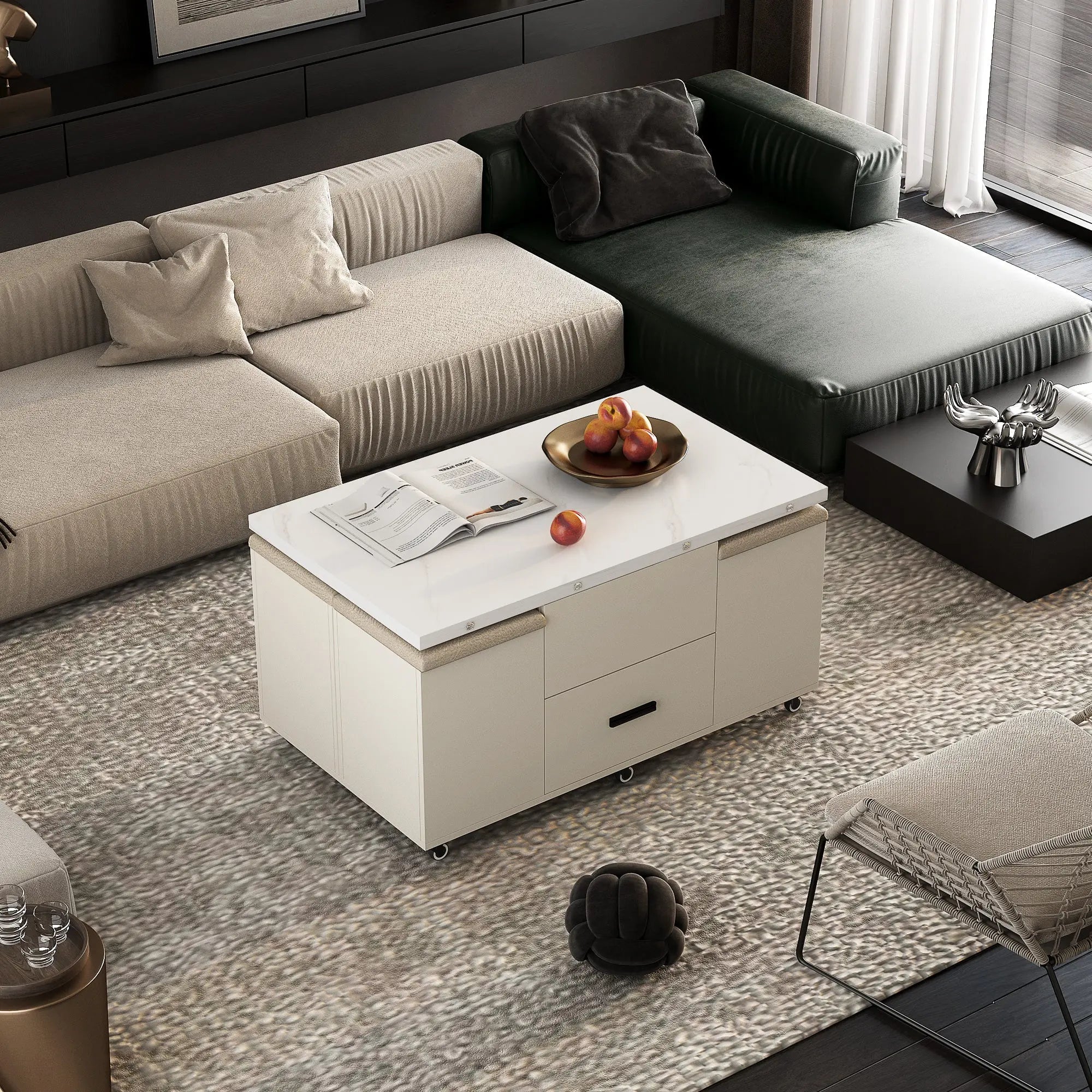 Modern Lift-Top Coffee Table with 4 Chairs, Expandable Storage – Hidden Compartment & 2 Drawers Next Gen Luxe Solutions