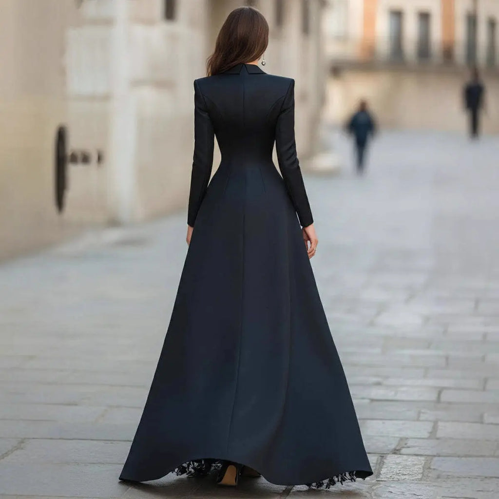 Women's Chic Lace Suit Collar Two-Piece Dress Set | Long Sleeve, High Waist, Long Skirt – Black, S–2XL Next Gen Luxe Solutions