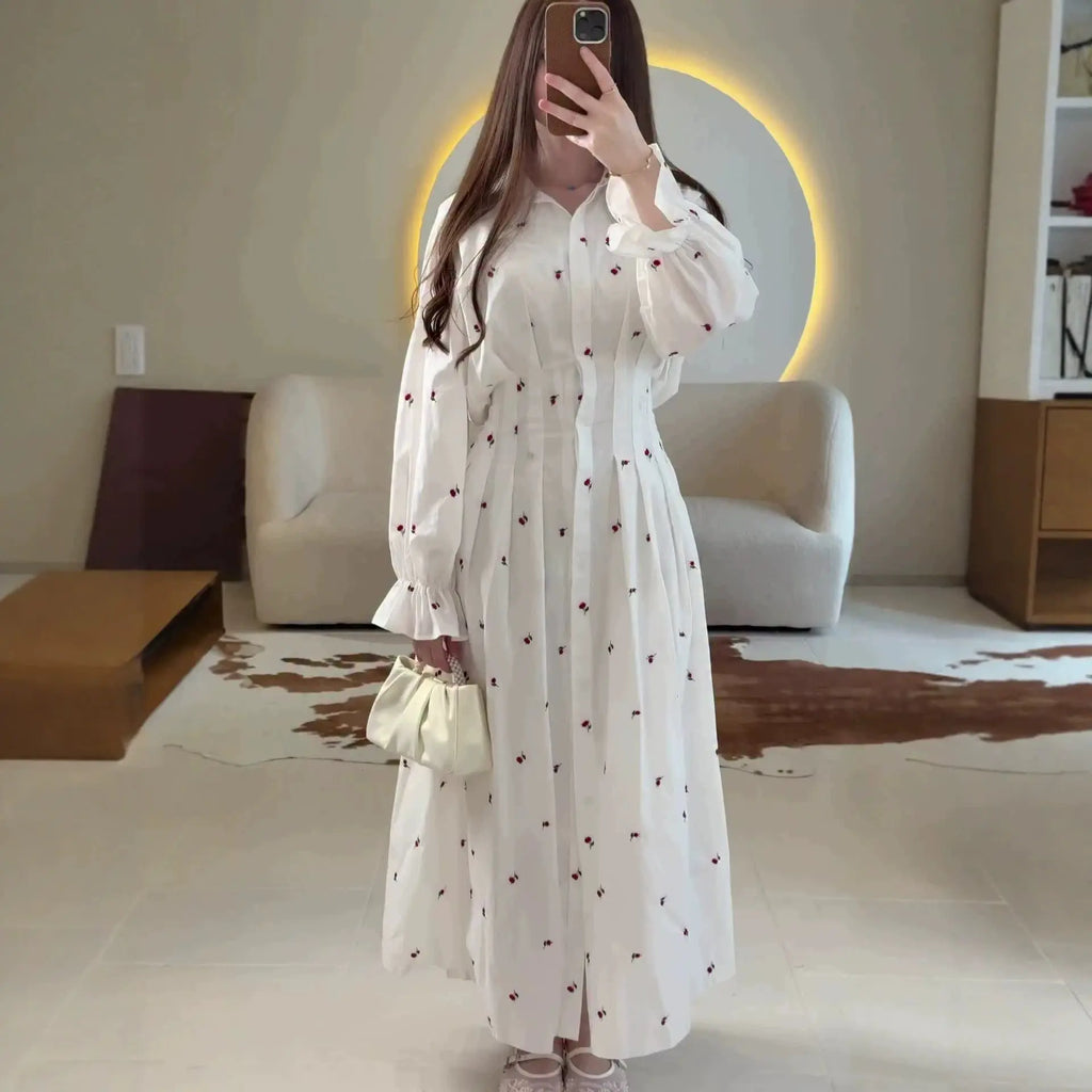 Women's Long Sleeve Lapel A-Line Midi Dress | Button Front, Floral Pattern – White, Champagne, Shiny Pink, S–XXL Next Gen Luxe Solutions