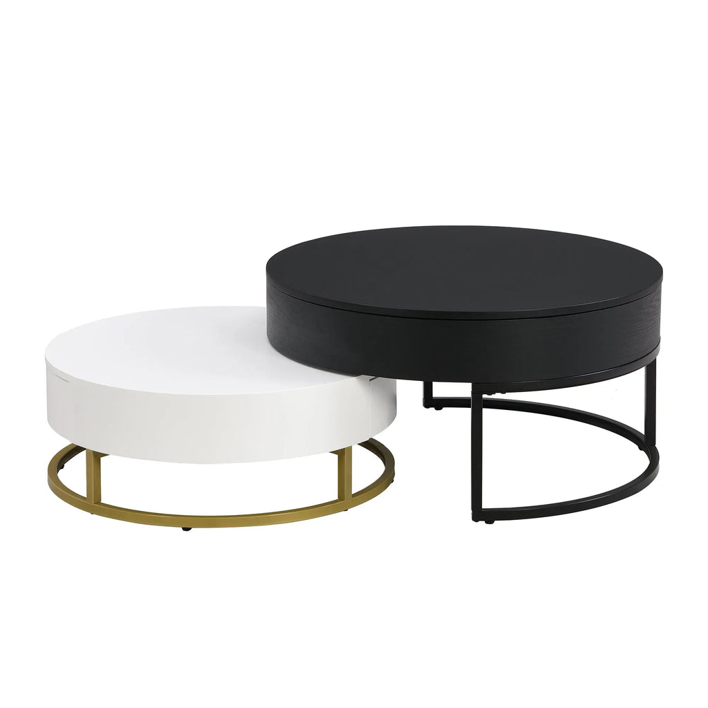 Modern Round Lift-Top Nesting Coffee Tables Set of 2 | Hydraulic Lift, 2 Drawers, Gold Metal Base – White & Black Next Gen Luxe Solutions