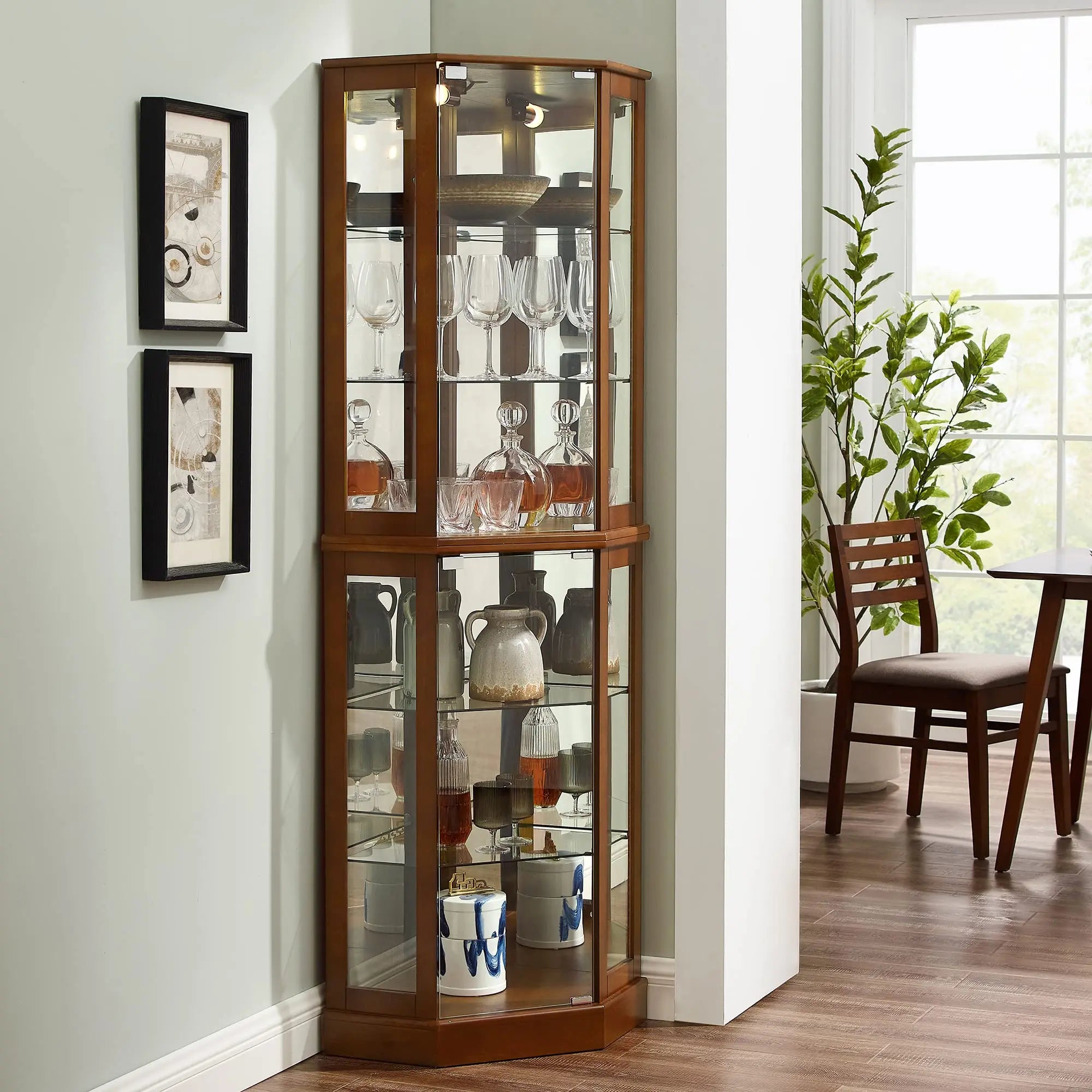 6-Shelf Corner Curio Display Cabinet with Light, Mirror & Adjustable Shelves – Walnut Wood Next Gen Luxe Solutions