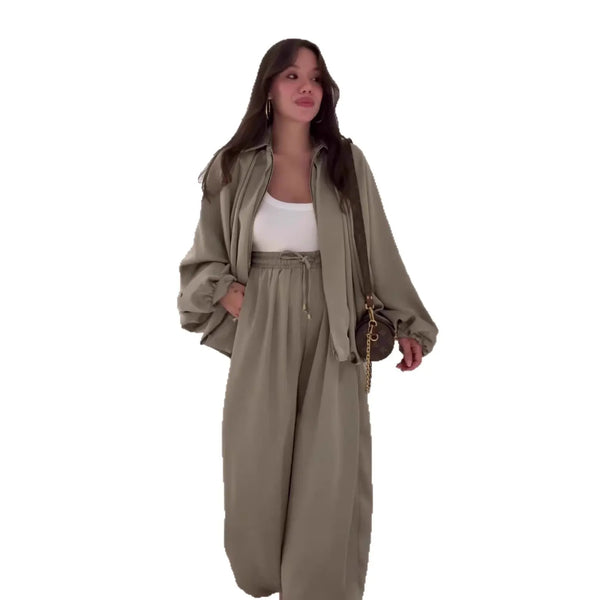 Women's Flip Collar Long Sleeve Jacket & Pants Set | 2-Piece Lounge Outfit – Matcha Green, Brown, Chestnut, S–XXL Next Gen Luxe Solutions