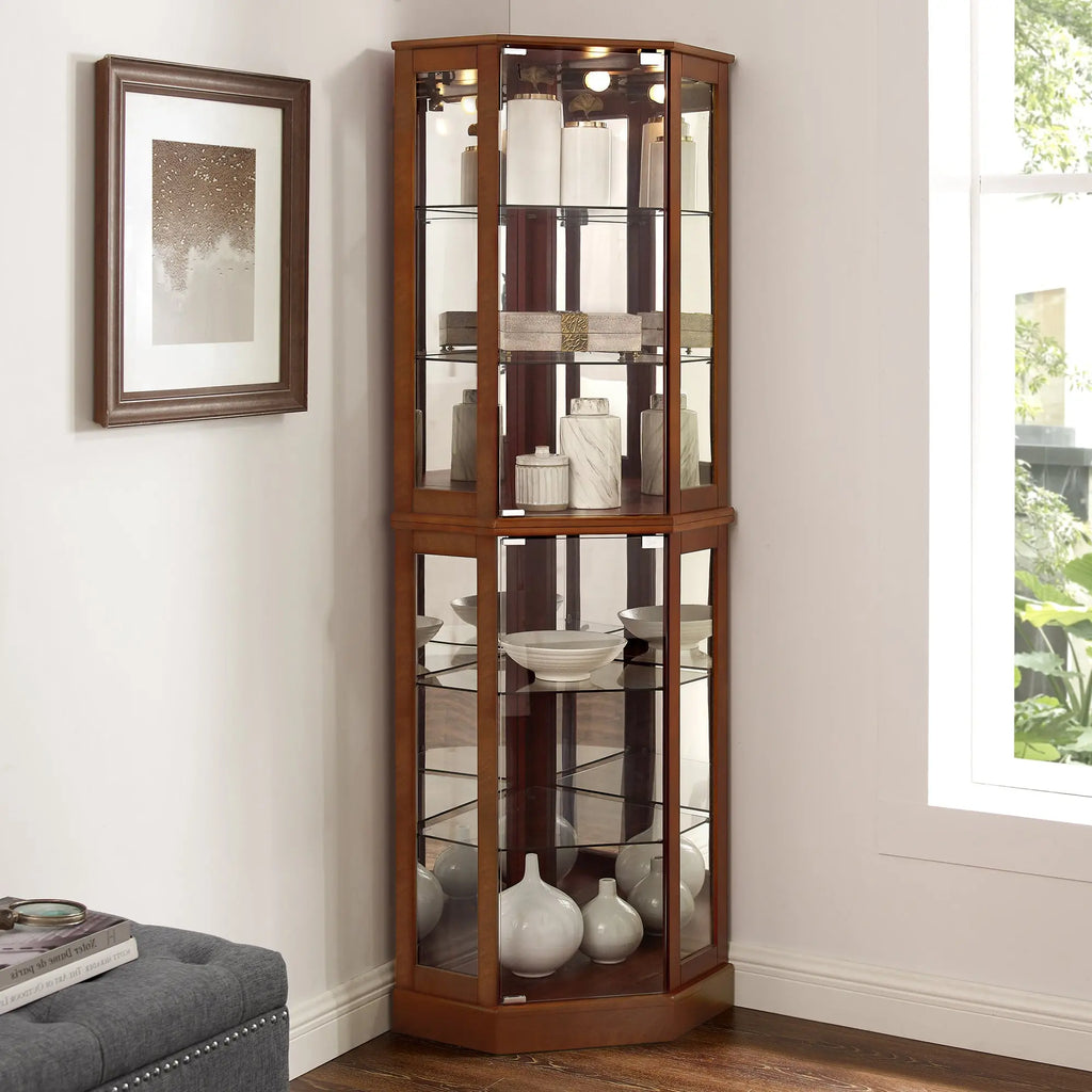 6-Shelf Corner Curio Display Cabinet with Light, Mirror & Adjustable Shelves – Walnut Wood Next Gen Luxe Solutions
