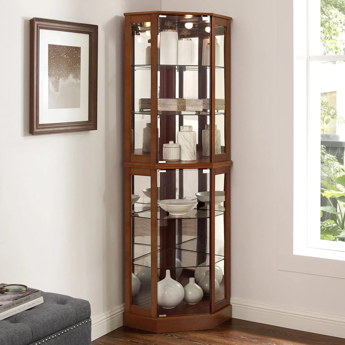 6-Shelf Corner Curio Display Cabinet with Light, Mirror & Adjustable Shelves – Walnut Wood Next Gen Luxe Solutions
