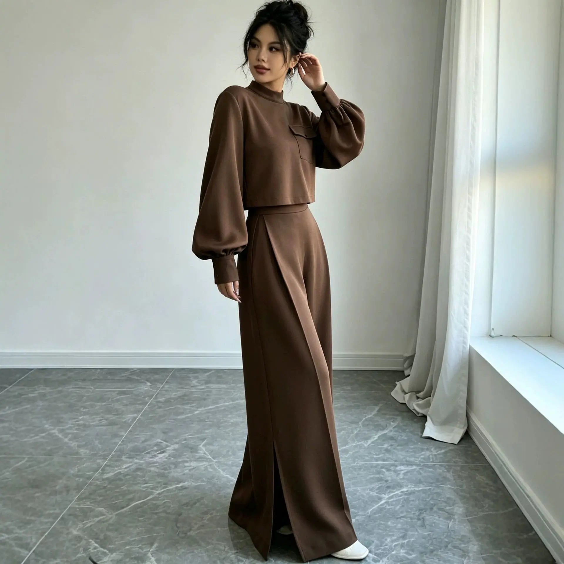 Women's Solid Color Wide Leg Pants 2-Piece Set | Mock Neck Long Sleeve Top + Pants, Korean Style – 5 Colors, S–XXL Next Gen Luxe Solutions
