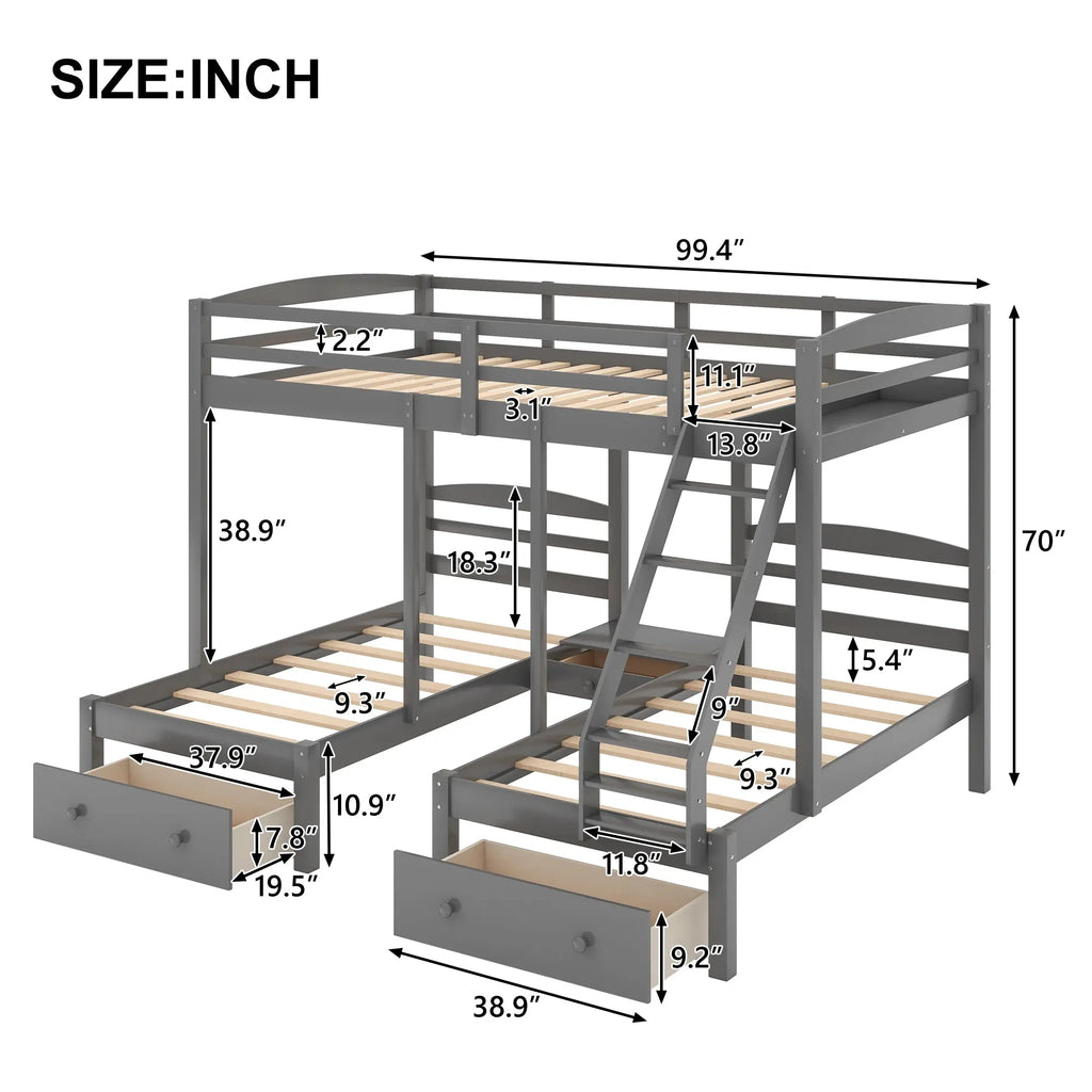 Full over Twin & Twin Triple Bunk Bed with 3 Drawers | Solid Pine & MDF, Full-Length Guardrail, 400 lb Capacity – Gray Next Gen Luxe Solutions