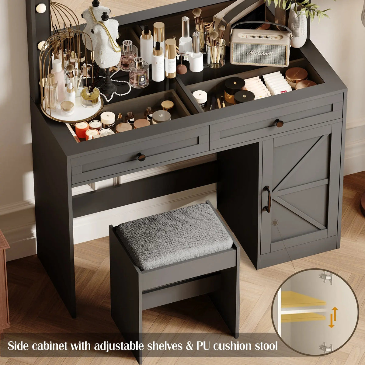 Makeup Vanity Desk with Cabinet Doors & Organized Storage – Eco-Friendly MDF, Black Next Gen Luxe Solutions