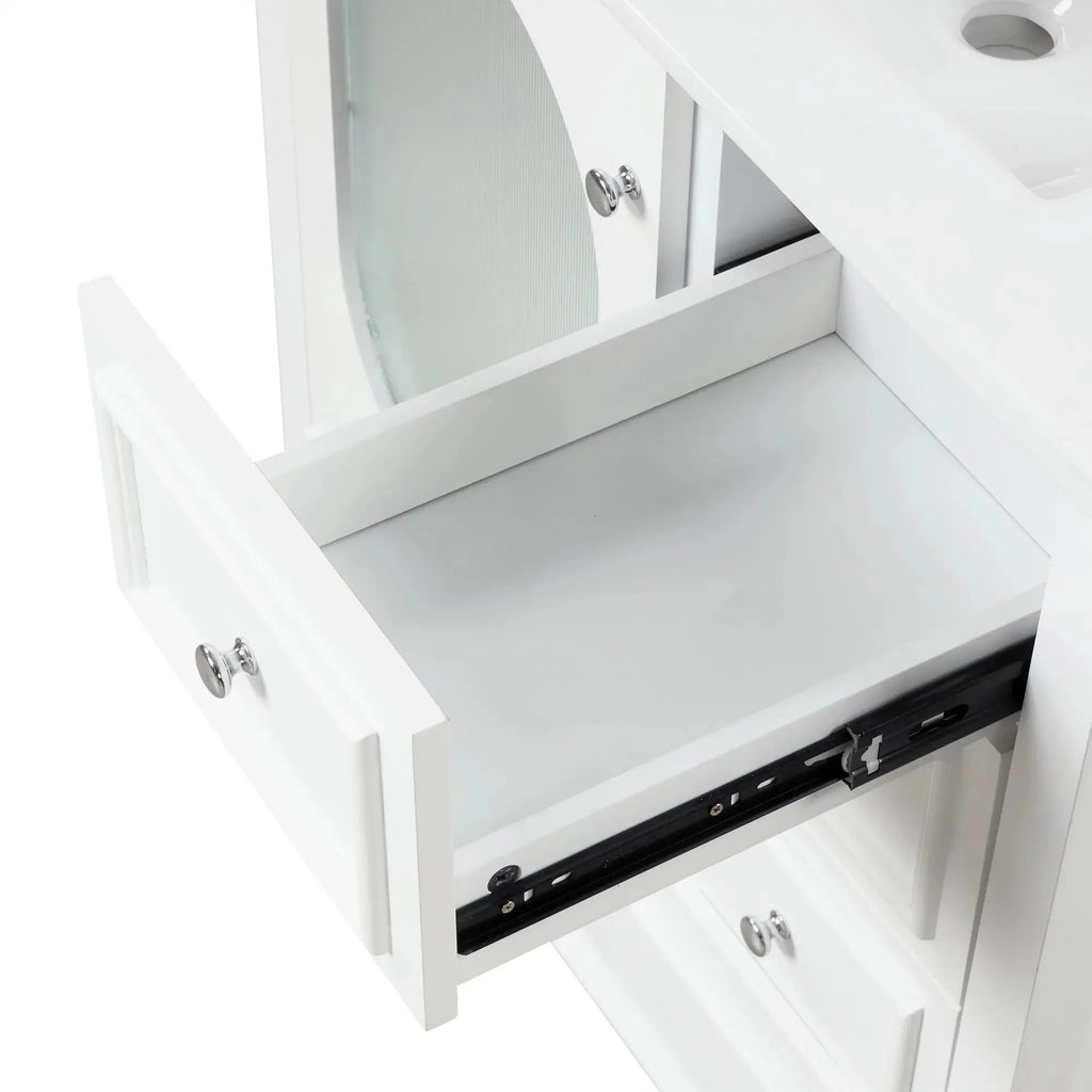 30" Bathroom Vanity with Sink | Solid Wood & MDF, 4 Drawers, Oval Fluted Glass Door, Ceramic Sink, White – Freestanding Next Gen Luxe Solutions