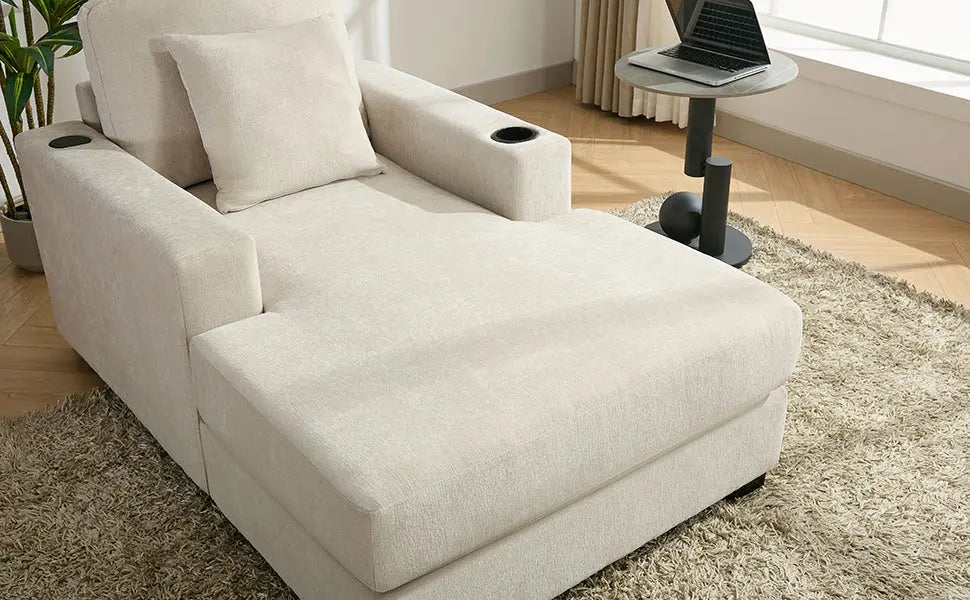 39.7" Oversized Chenille Chaise Lounger | Built-In Charge Station, Cup Holder, Pillows, Washable Covers – Cream, 330 lb Capacity Next Gen Luxe Solutions