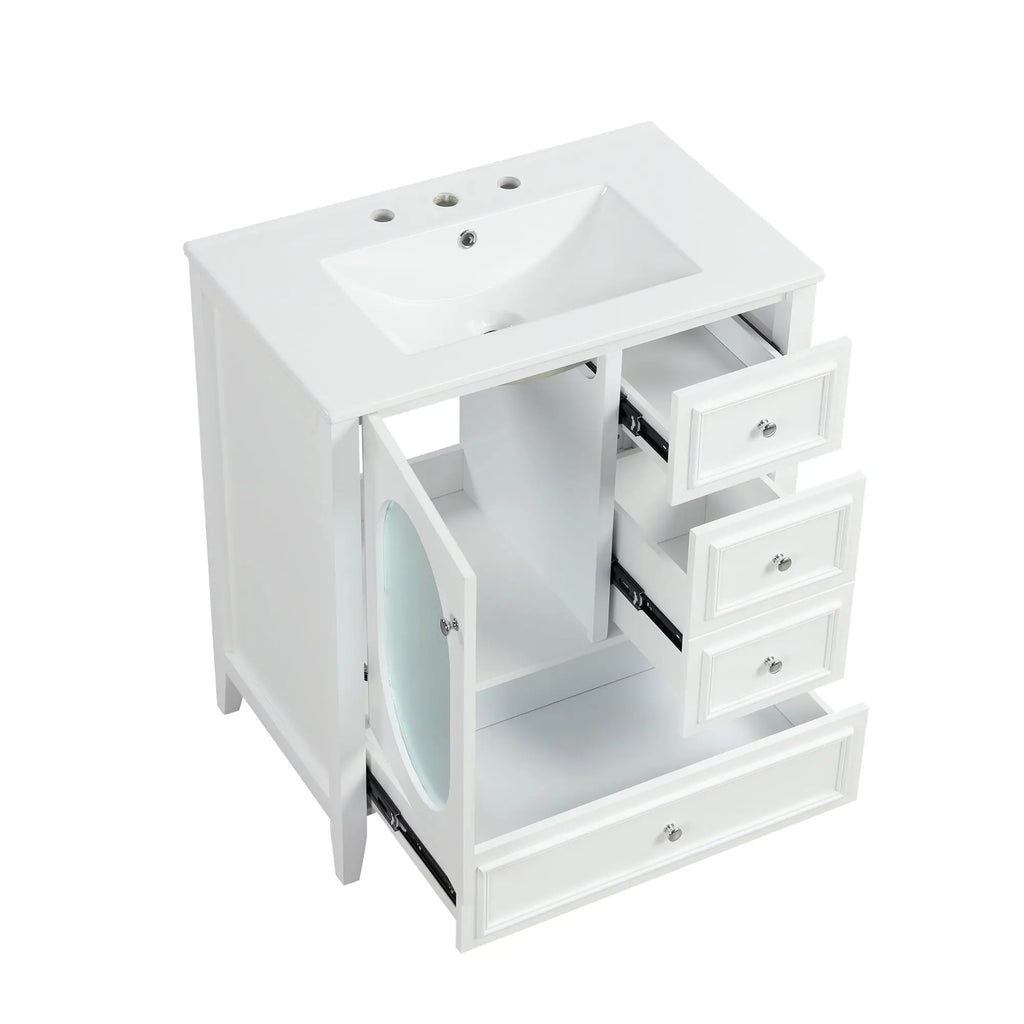 30" Bathroom Vanity with Sink | Solid Wood & MDF, 4 Drawers, Oval Fluted Glass Door, Ceramic Sink, White – Freestanding Next Gen Luxe Solutions