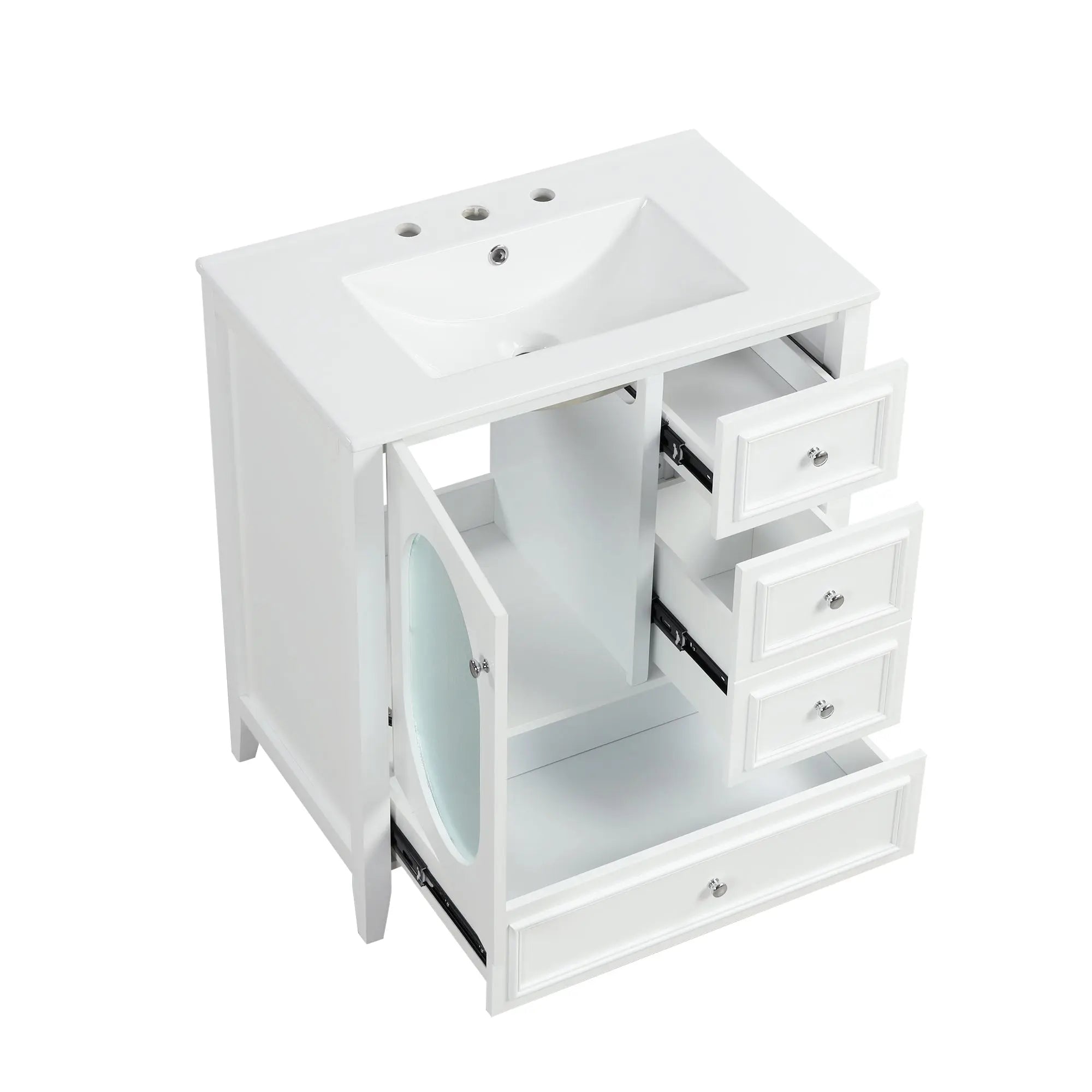 30" Bathroom Vanity with Sink | Solid Wood & MDF, 4 Drawers, Oval Fluted Glass Door, Ceramic Sink, White – Freestanding Next Gen Luxe Solutions