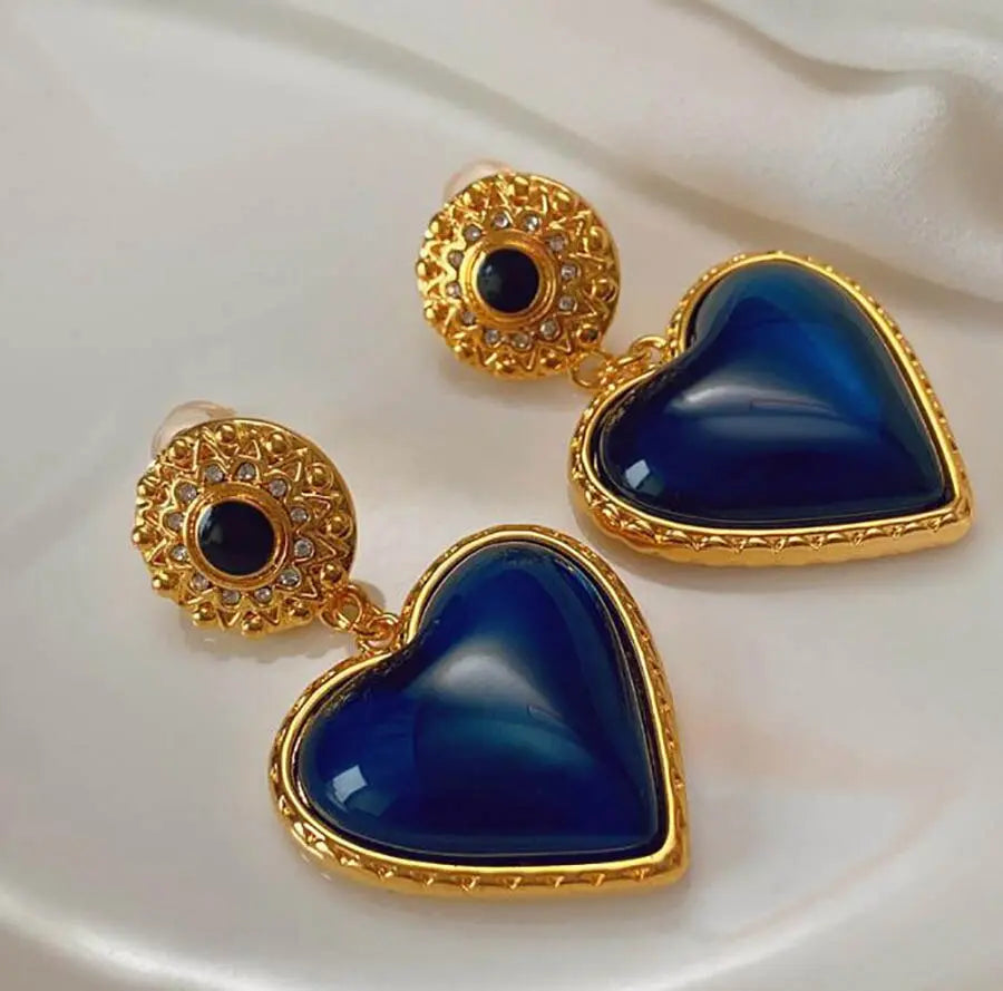 French Retro Blue Heart Gold-Plated Earrings Next Gen Luxe Solutions