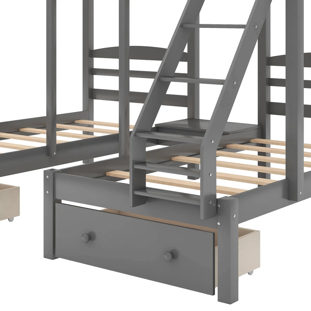 Full over Twin & Twin Triple Bunk Bed with 3 Drawers | Solid Pine & MDF, Full-Length Guardrail, 400 lb Capacity – Gray Next Gen Luxe Solutions