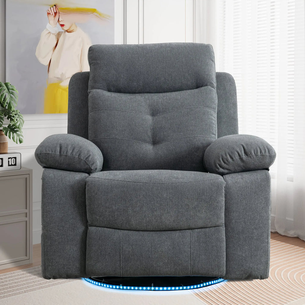 Power Recliner Glider Chair with Bluetooth Speaker | 270° Swivel, LED Light, USB+C Charging, Retractable Footrest, Storage Pockets – Light Grey Linen Next Gen Luxe Solutions