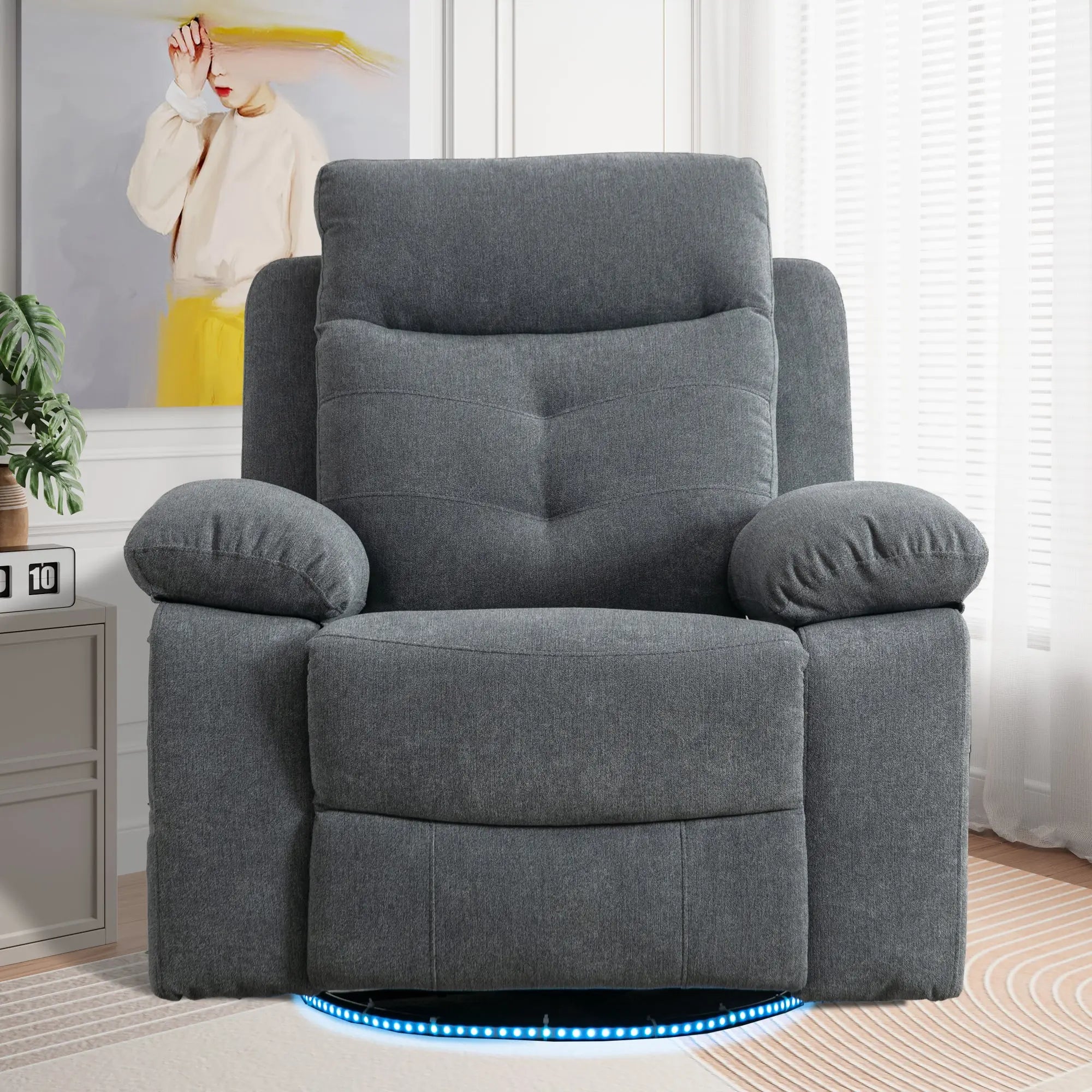 Power Recliner Glider Chair with Bluetooth Speaker | 270° Swivel, LED Light, USB+C Charging, Retractable Footrest, Storage Pockets – Light Grey Linen Next Gen Luxe Solutions