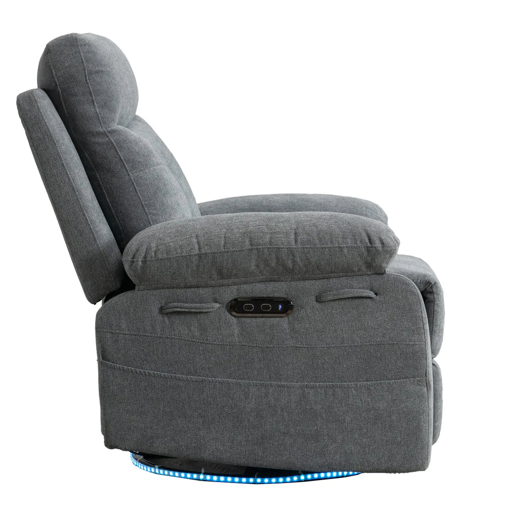 Power Recliner Glider Chair with Bluetooth Speaker | 270° Swivel, LED Light, USB+C Charging, Retractable Footrest, Storage Pockets – Light Grey Linen Next Gen Luxe Solutions