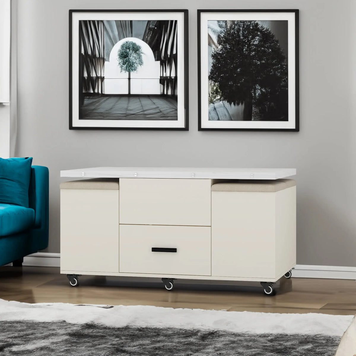 Modern Lift-Top Coffee Table with 4 Chairs, Expandable Storage – Hidden Compartment & 2 Drawers Next Gen Luxe Solutions