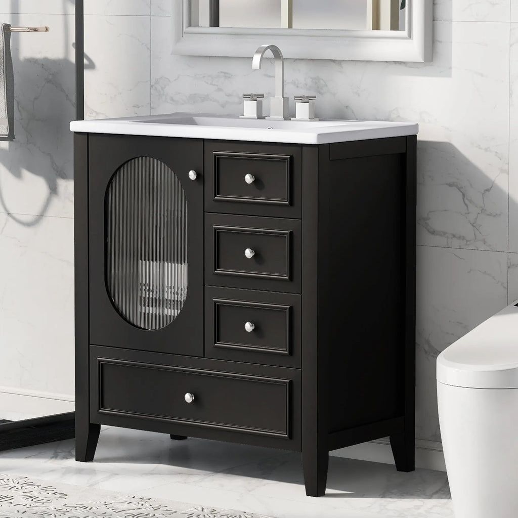 30" Bathroom Vanity with Sink – 3 Drawers, Moru Glass Door, Solid Wood & MDF, Ceramic Sink, Black – Freestanding Next Gen Luxe Solutions