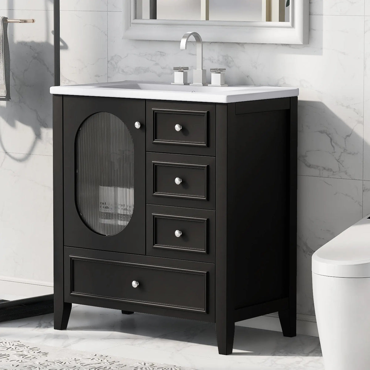 30" Bathroom Vanity with Sink – 3 Drawers, Moru Glass Door, Solid Wood & MDF, Ceramic Sink, Black – Freestanding Next Gen Luxe Solutions