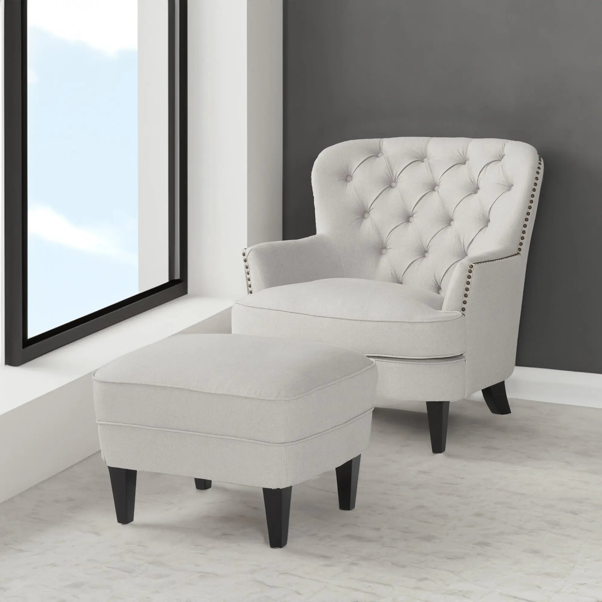 Contemporary Light Gray Fabric Club Chair & Ottoman Set | Upholstered Armchair with Matching Ottoman, 300 lb Capacity – Modern Living Room Next Gen Luxe Solutions