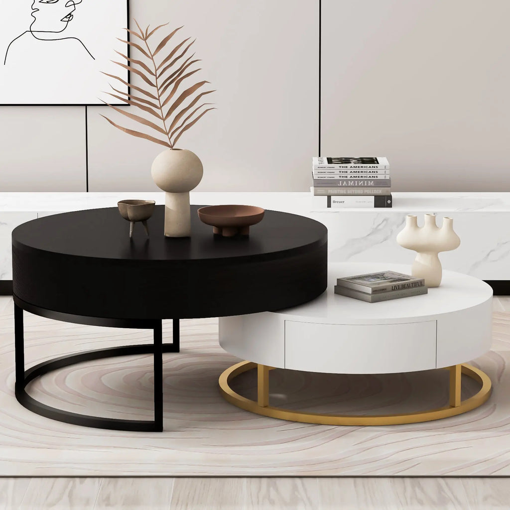 Modern Round Lift-Top Nesting Coffee Tables Set of 2 | Hydraulic Lift, 2 Drawers, Gold Metal Base – White & Black Next Gen Luxe Solutions