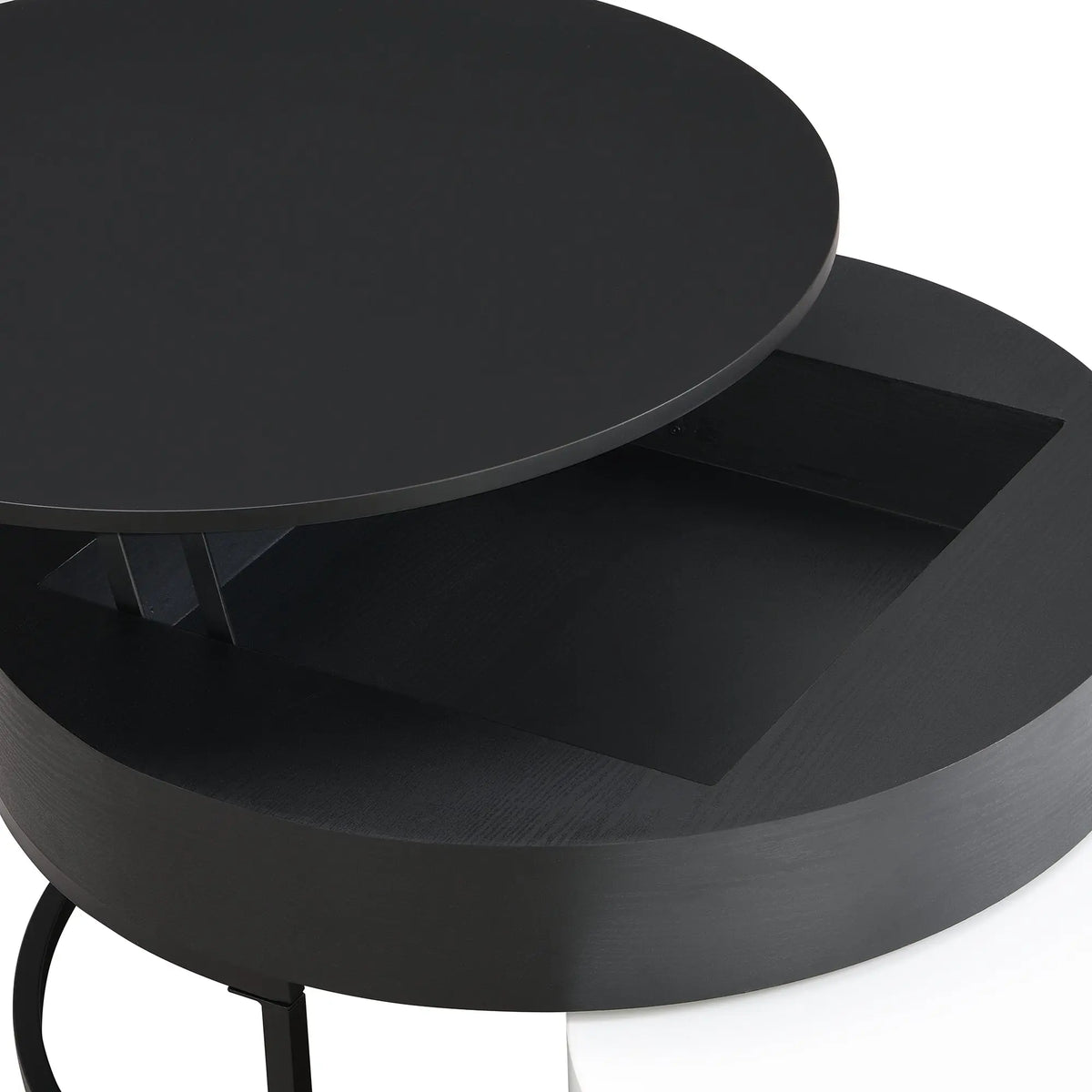 Modern Round Lift-Top Nesting Coffee Tables Set of 2 | Hydraulic Lift, 2 Drawers, Gold Metal Base – White & Black Next Gen Luxe Solutions