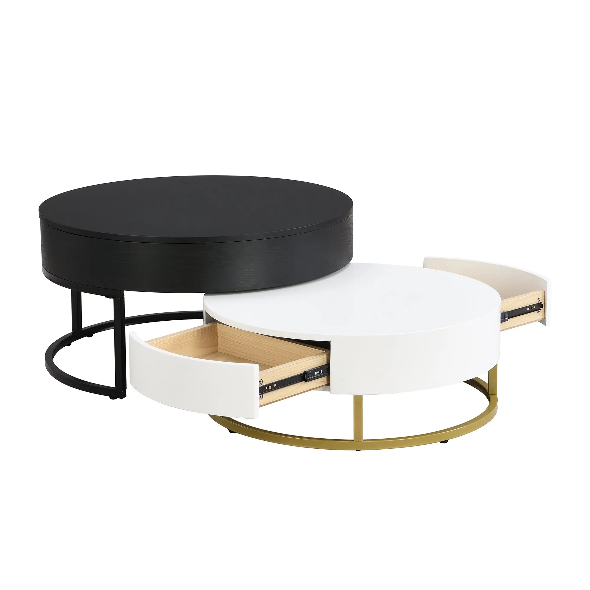 Modern Round Lift-Top Nesting Coffee Tables Set of 2 | Hydraulic Lift, 2 Drawers, Gold Metal Base – White & Black Next Gen Luxe Solutions