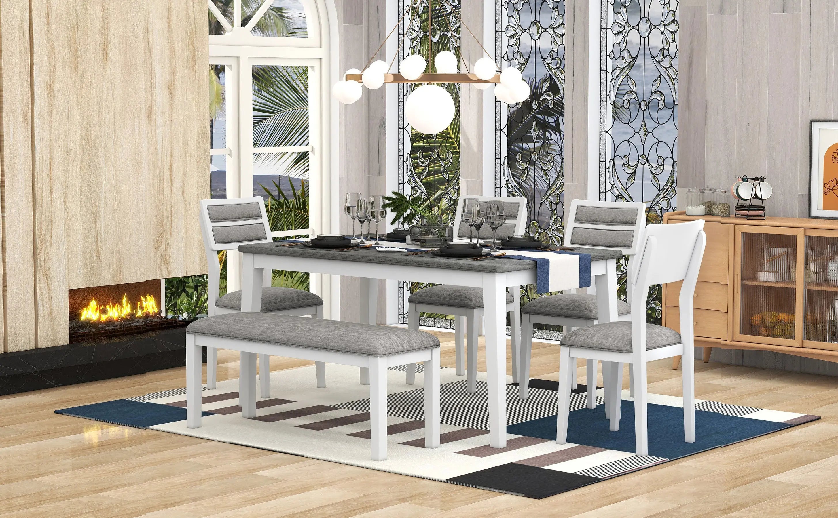 TREXM 6-Piece Classic Dining Set – Table, 4 Upholstered Chairs & Bench (White+Gray) Next Gen Luxe Solutions