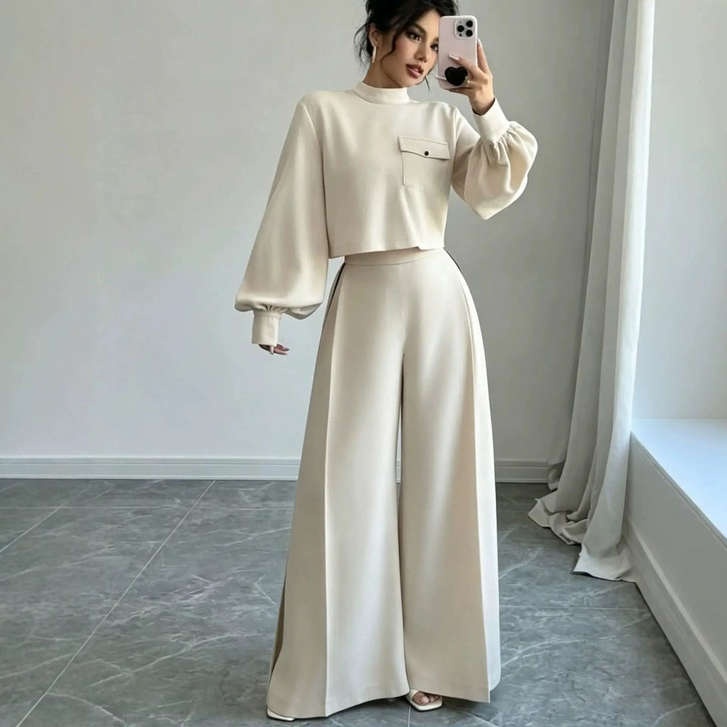 Women's Solid Color Wide Leg Pants 2-Piece Set | Mock Neck Long Sleeve Top + Pants, Korean Style – 5 Colors, S–XXL Next Gen Luxe Solutions