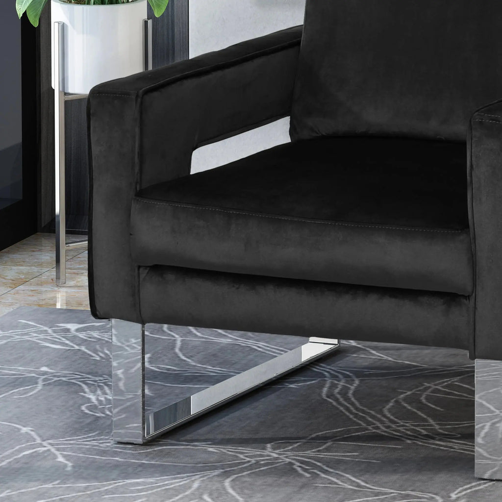 Modern Glam Velvet Club Armchair – Geometric U-Shape, Silver Accents & Stainless Steel Legs (Black) Next Gen Luxe Solutions