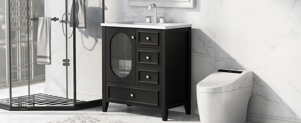 30" Bathroom Vanity with Sink – 3 Drawers, Moru Glass Door, Solid Wood & MDF, Ceramic Sink, Black – Freestanding Next Gen Luxe Solutions