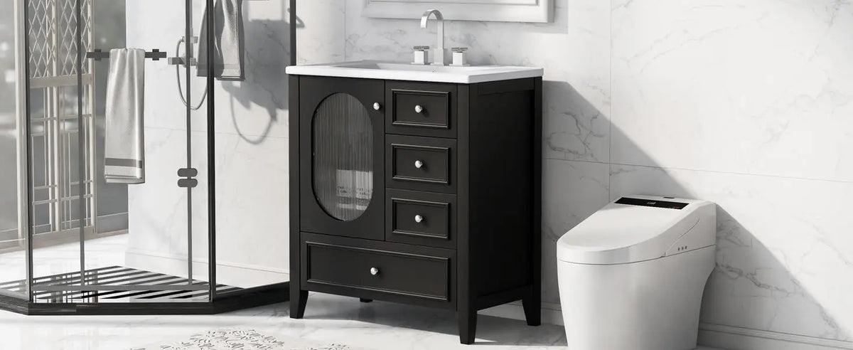 30" Bathroom Vanity with Sink – 3 Drawers, Moru Glass Door, Solid Wood & MDF, Ceramic Sink, Black – Freestanding Next Gen Luxe Solutions