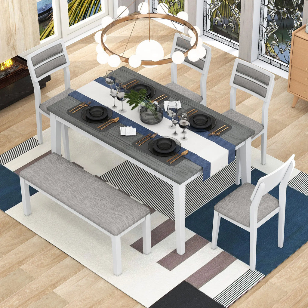 TREXM 6-Piece Classic Dining Set – Table, 4 Upholstered Chairs & Bench (White+Gray) Next Gen Luxe Solutions