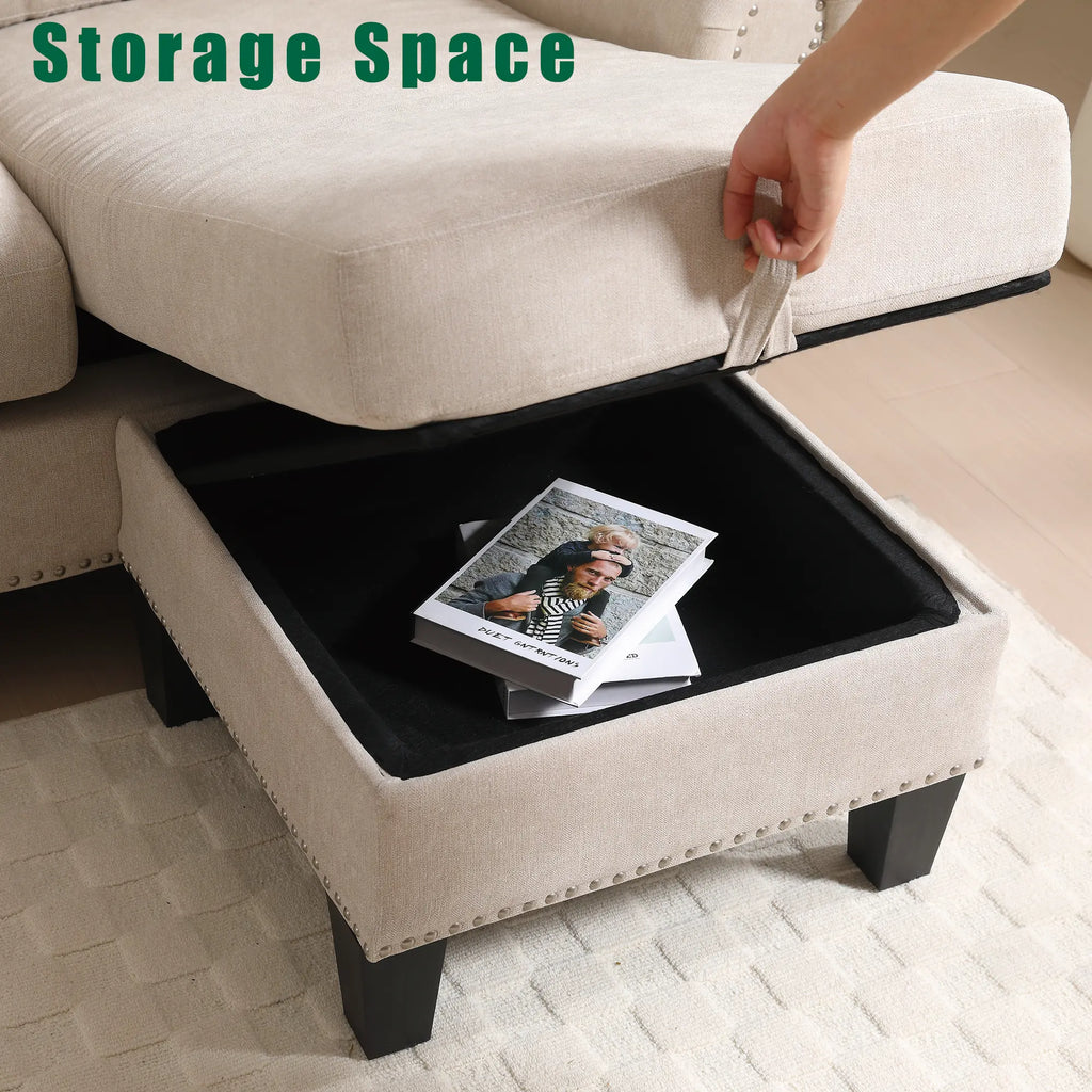 Convertible L-Shaped Sectional Sofa with Storage | 4-Seat Modern Linen Fabric Couch in Beige Next Gen Luxe Solutions