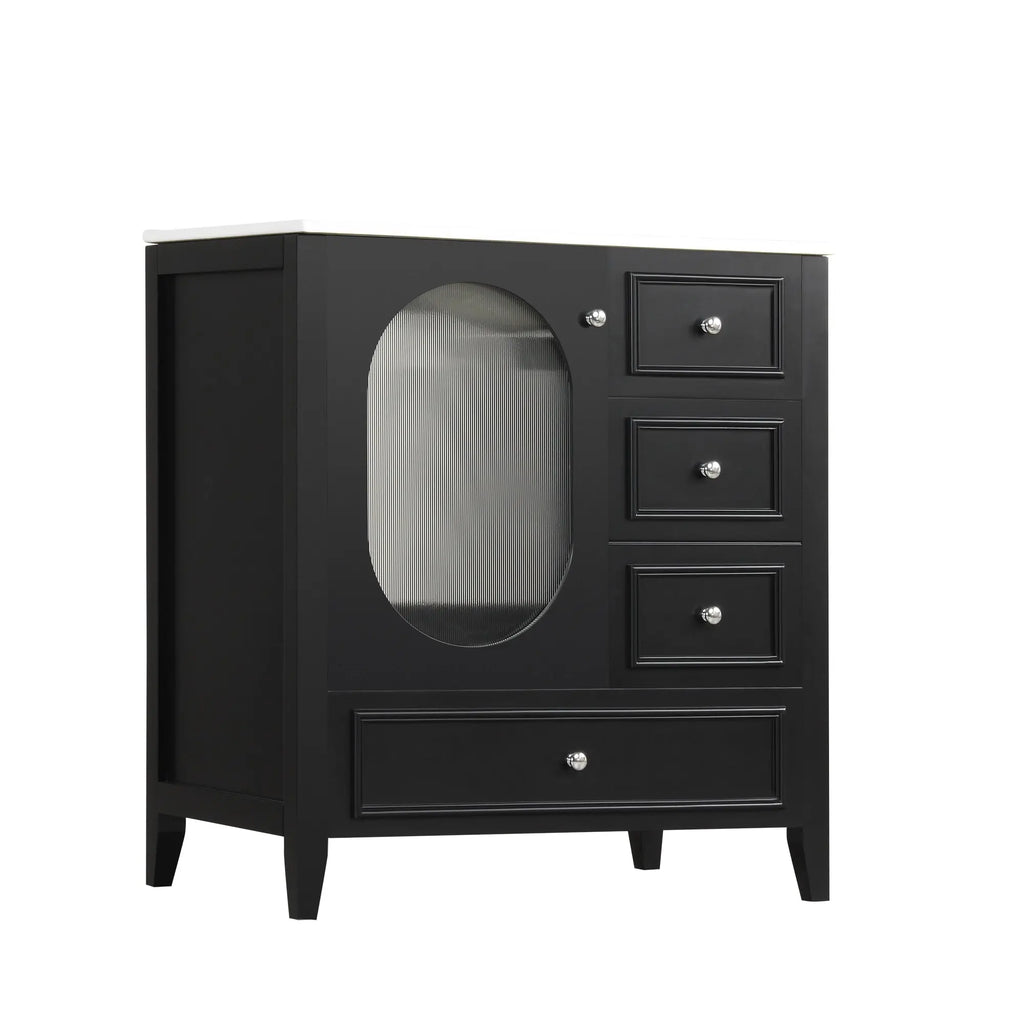 30" Bathroom Vanity with Sink – 3 Drawers, Moru Glass Door, Solid Wood & MDF, Ceramic Sink, Black – Freestanding Next Gen Luxe Solutions