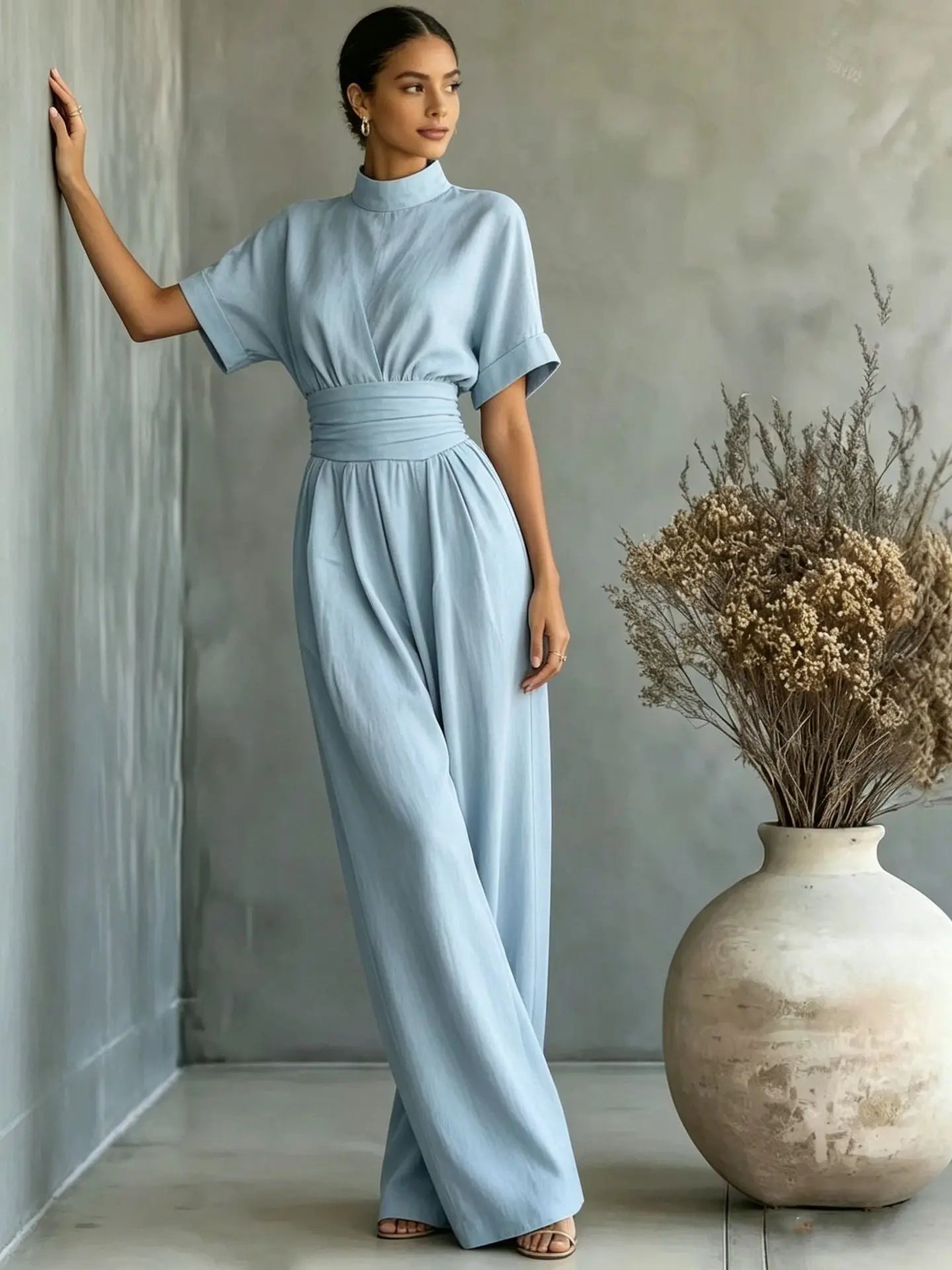 Women's Mock Neck Short Sleeve Wide Leg Jumpsuit | Full Length, Minimalist Solid Color – 5 Colors, S–2XL Next Gen Luxe Solutions