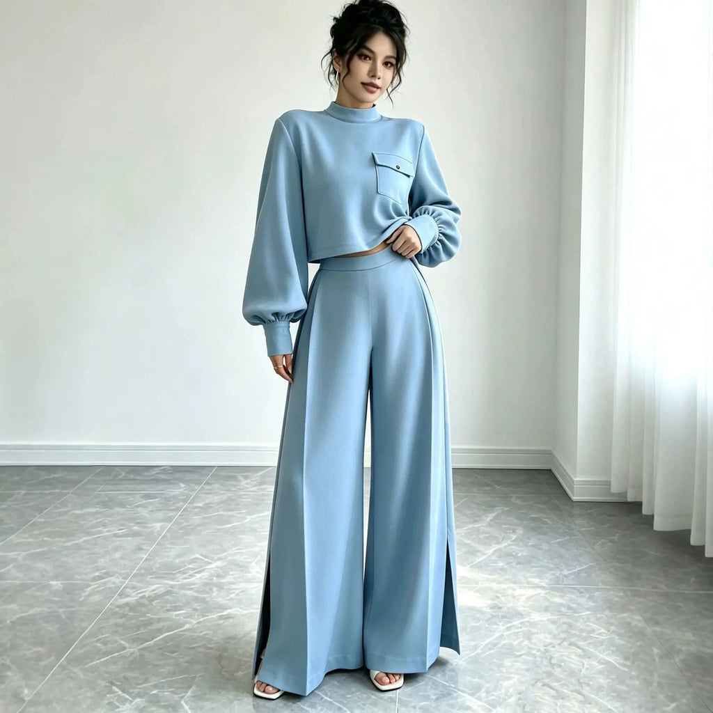 Women's Solid Color Wide Leg Pants 2-Piece Set | Mock Neck Long Sleeve Top + Pants, Korean Style – 5 Colors, S–XXL Next Gen Luxe Solutions