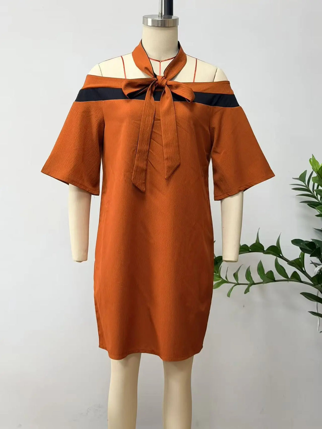 Women's One Shoulder Bow Collar A-Line Mini Dress | 3/4 Sleeve – Orange Red, Green, Apricot, Sky Blue, S–XXL Next Gen Luxe Solutions