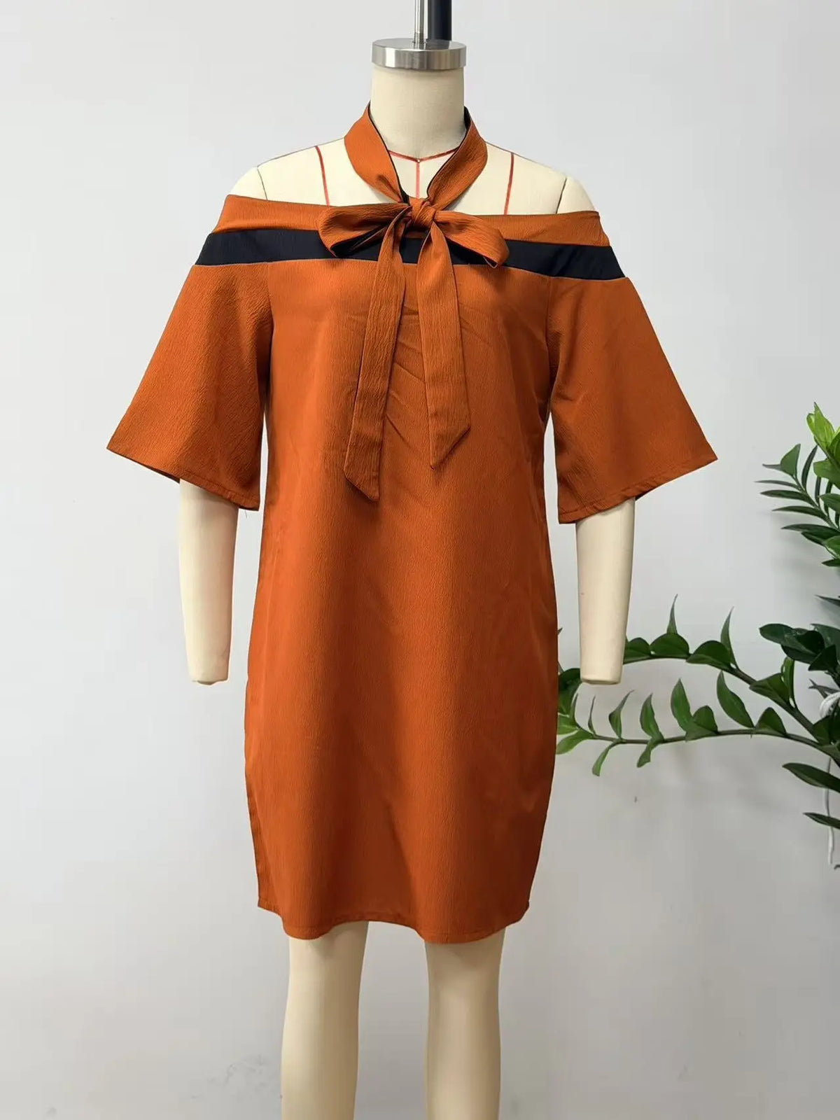 Women's One Shoulder Bow Collar A-Line Mini Dress | 3/4 Sleeve – Orange Red, Green, Apricot, Sky Blue, S–XXL Next Gen Luxe Solutions