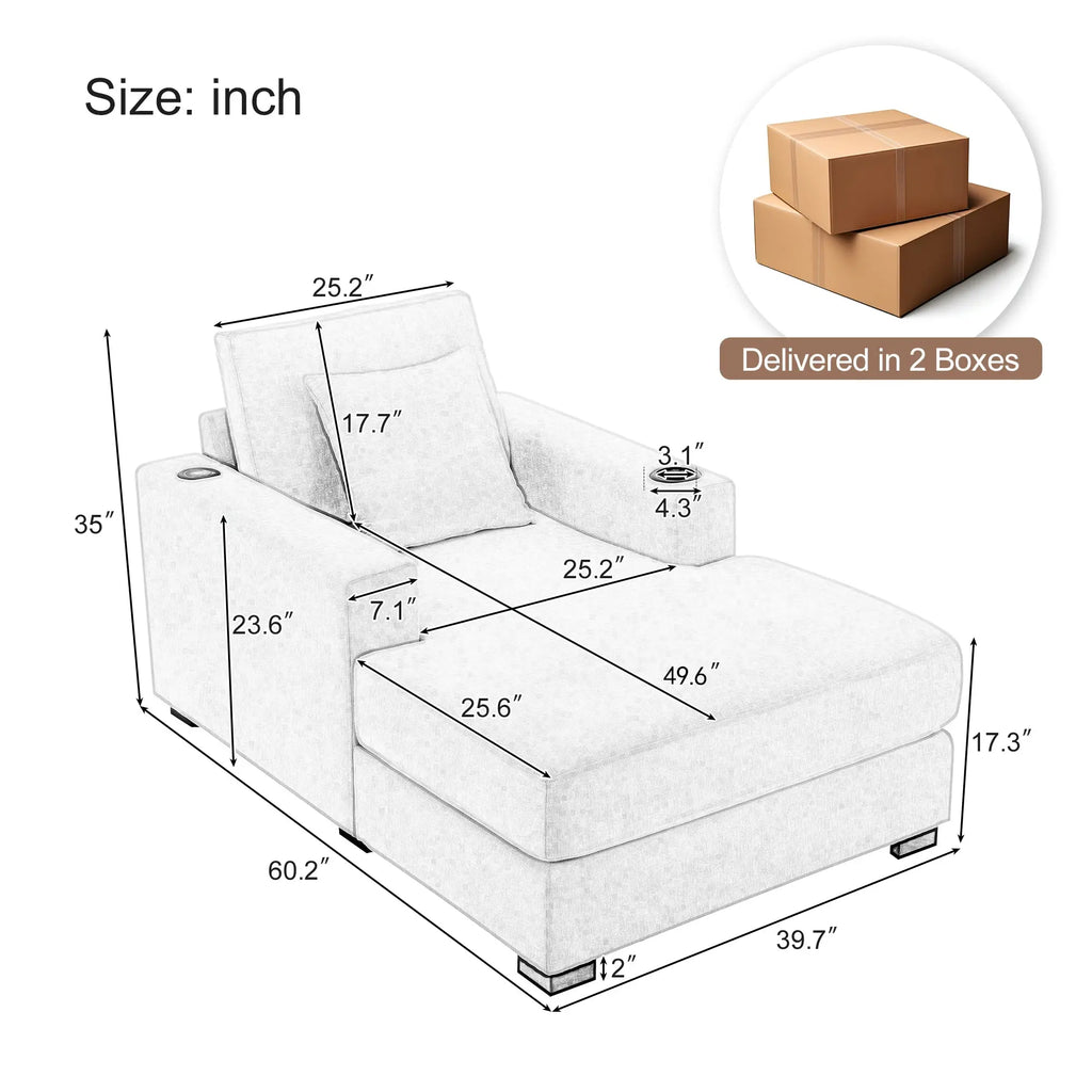 39.7" Oversized Chenille Chaise Lounger | Built-In Charge Station, Cup Holder, Pillows, Washable Covers – Cream, 330 lb Capacity Next Gen Luxe Solutions