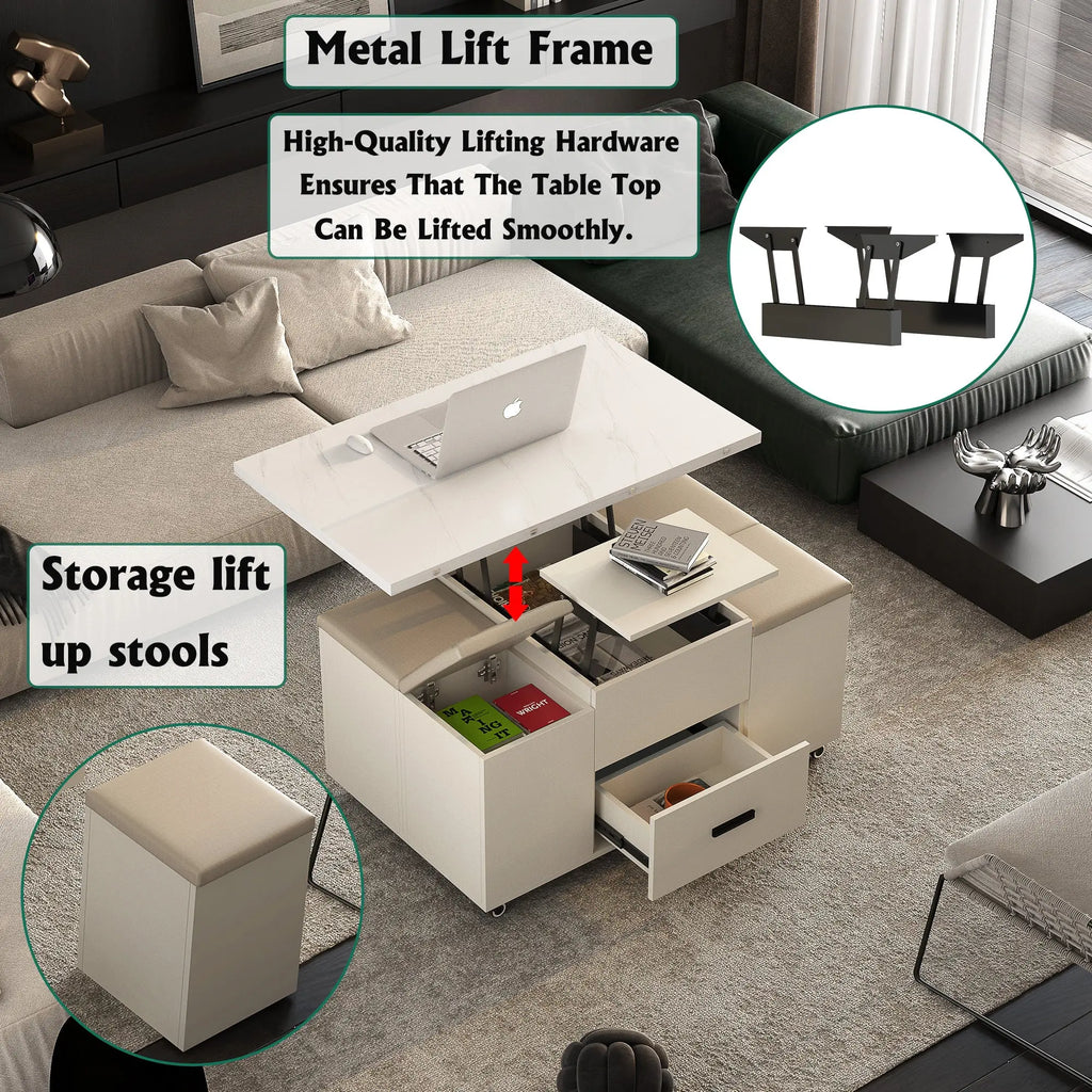 Modern Lift-Top Coffee Table with 4 Chairs, Expandable Storage – Hidden Compartment & 2 Drawers Next Gen Luxe Solutions