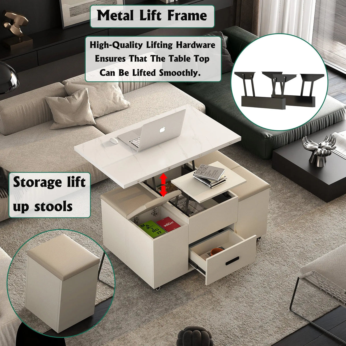 Modern Lift-Top Coffee Table with 4 Chairs, Expandable Storage – Hidden Compartment & 2 Drawers Next Gen Luxe Solutions