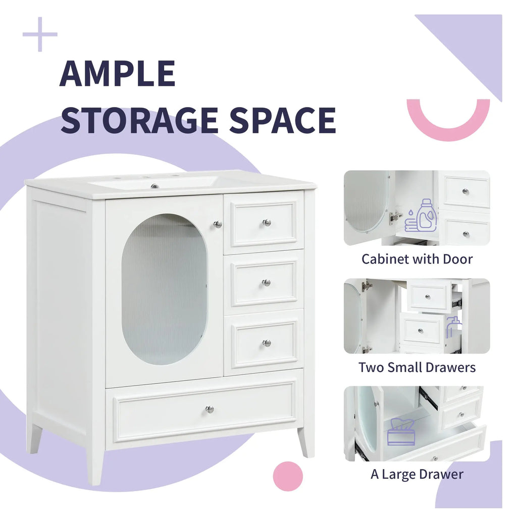 30" Bathroom Vanity with Sink | Solid Wood & MDF, 4 Drawers, Oval Fluted Glass Door, Ceramic Sink, White – Freestanding Next Gen Luxe Solutions