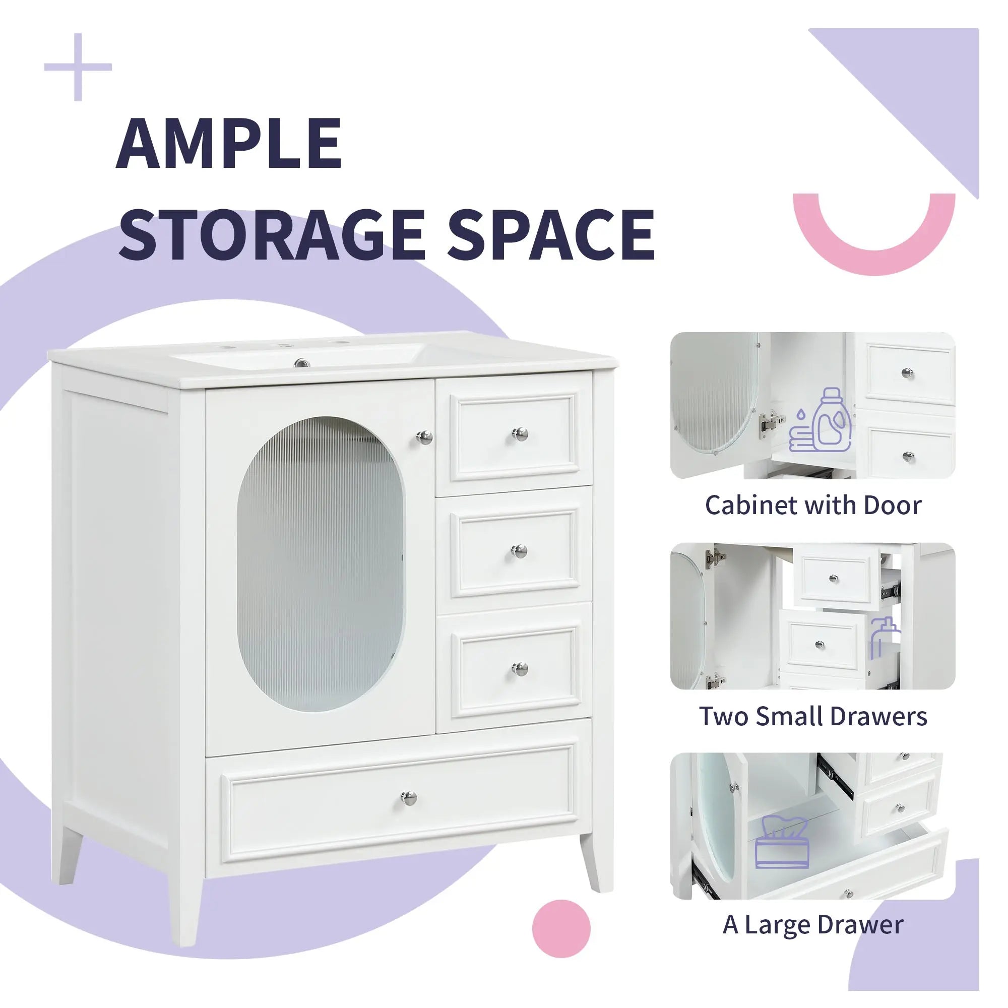 30" Bathroom Vanity with Sink | Solid Wood & MDF, 4 Drawers, Oval Fluted Glass Door, Ceramic Sink, White – Freestanding Next Gen Luxe Solutions