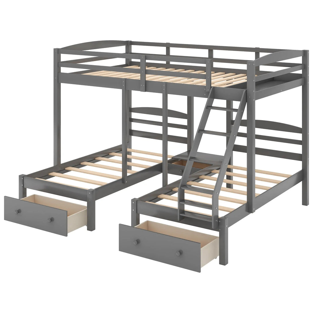 Full over Twin & Twin Triple Bunk Bed with 3 Drawers | Solid Pine & MDF, Full-Length Guardrail, 400 lb Capacity – Gray Next Gen Luxe Solutions