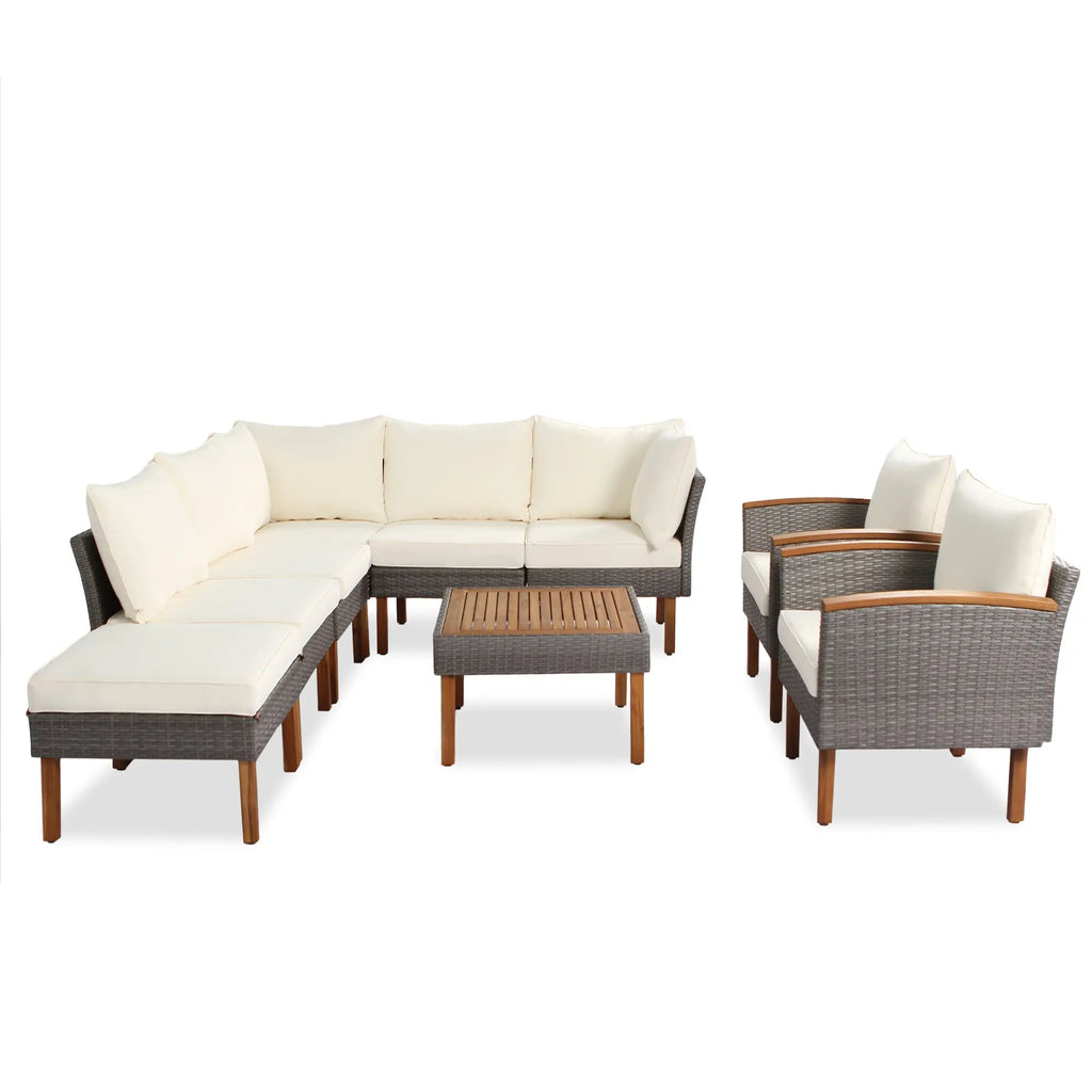 9-Piece Outdoor PE Rattan Patio Furniture Set | Acacia Wood Legs & Tabletop, Sectional Sofa with Coffee Table, Washable Cushions – Beige Next Gen Luxe Solutions