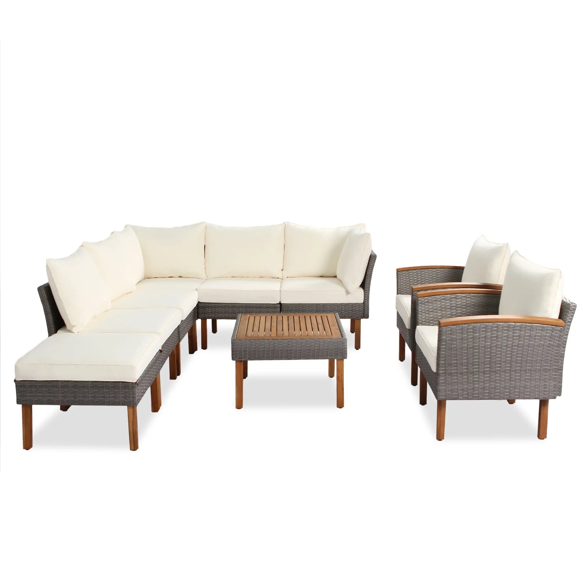 9-Piece Outdoor PE Rattan Patio Furniture Set | Acacia Wood Legs & Tabletop, Sectional Sofa with Coffee Table, Washable Cushions – Beige Next Gen Luxe Solutions