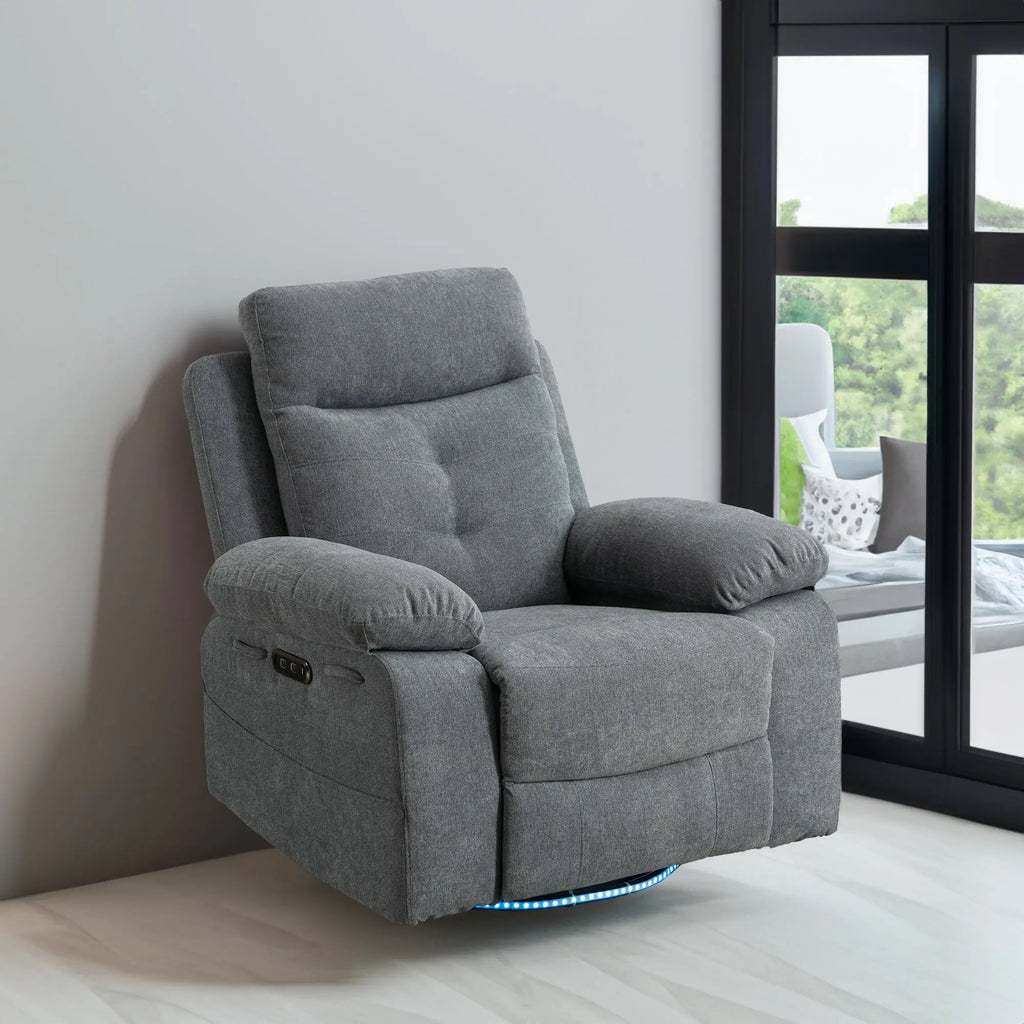 Power Recliner Glider Chair with Bluetooth Speaker | 270° Swivel, LED Light, USB+C Charging, Retractable Footrest, Storage Pockets – Light Grey Linen Next Gen Luxe Solutions