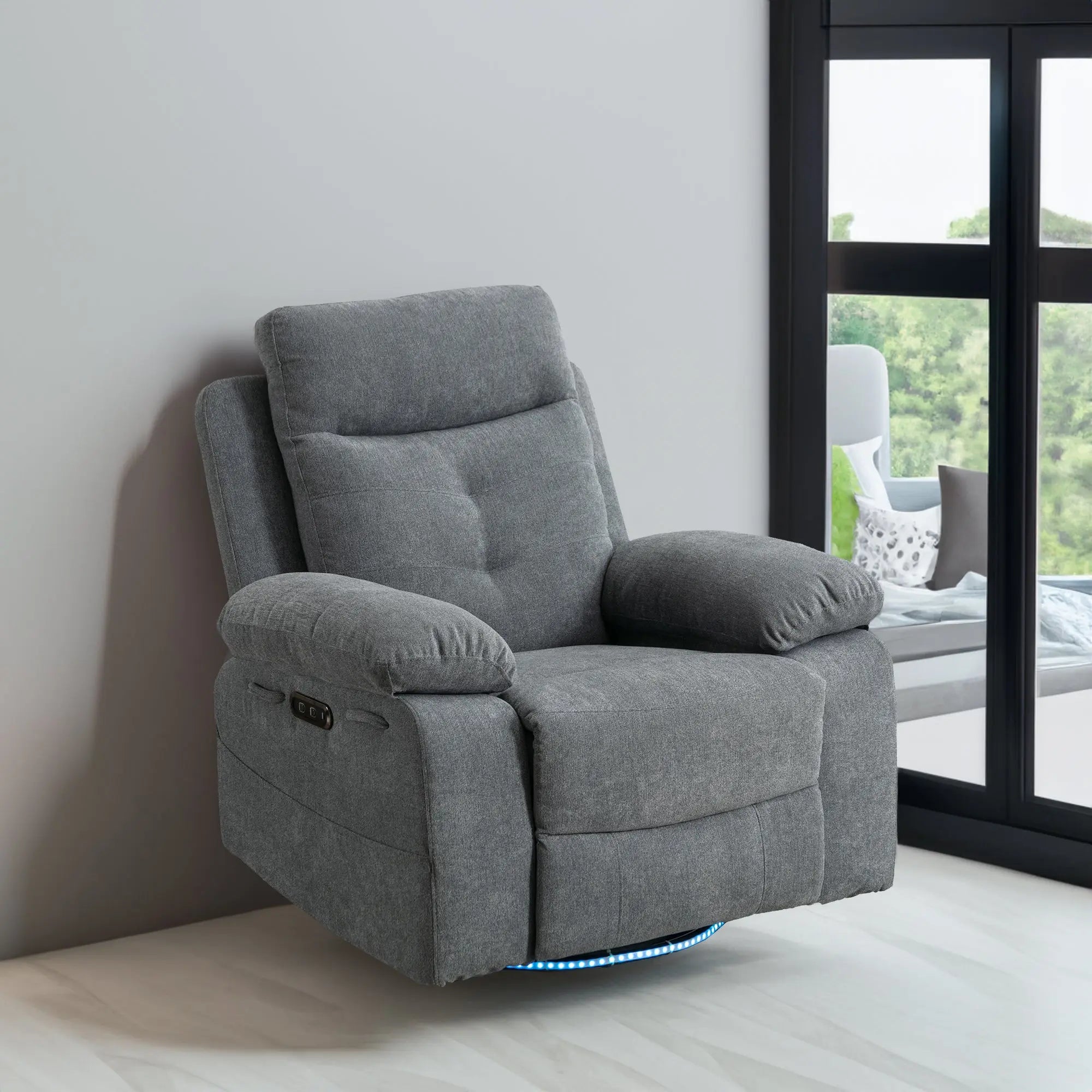 Power Recliner Glider Chair with Bluetooth Speaker | 270° Swivel, LED Light, USB+C Charging, Retractable Footrest, Storage Pockets – Light Grey Linen Next Gen Luxe Solutions