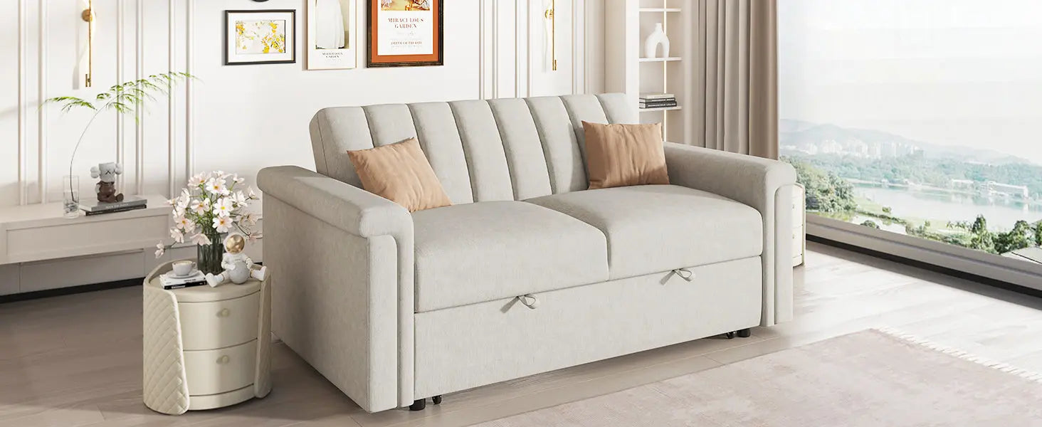 Convertible 2-Seat Sofa Bed | Pull-Out Sleeper Sofa with Adjustable Backrest & Foam + Pocket Spring Cushions in Beige Next Gen Luxe Solutions